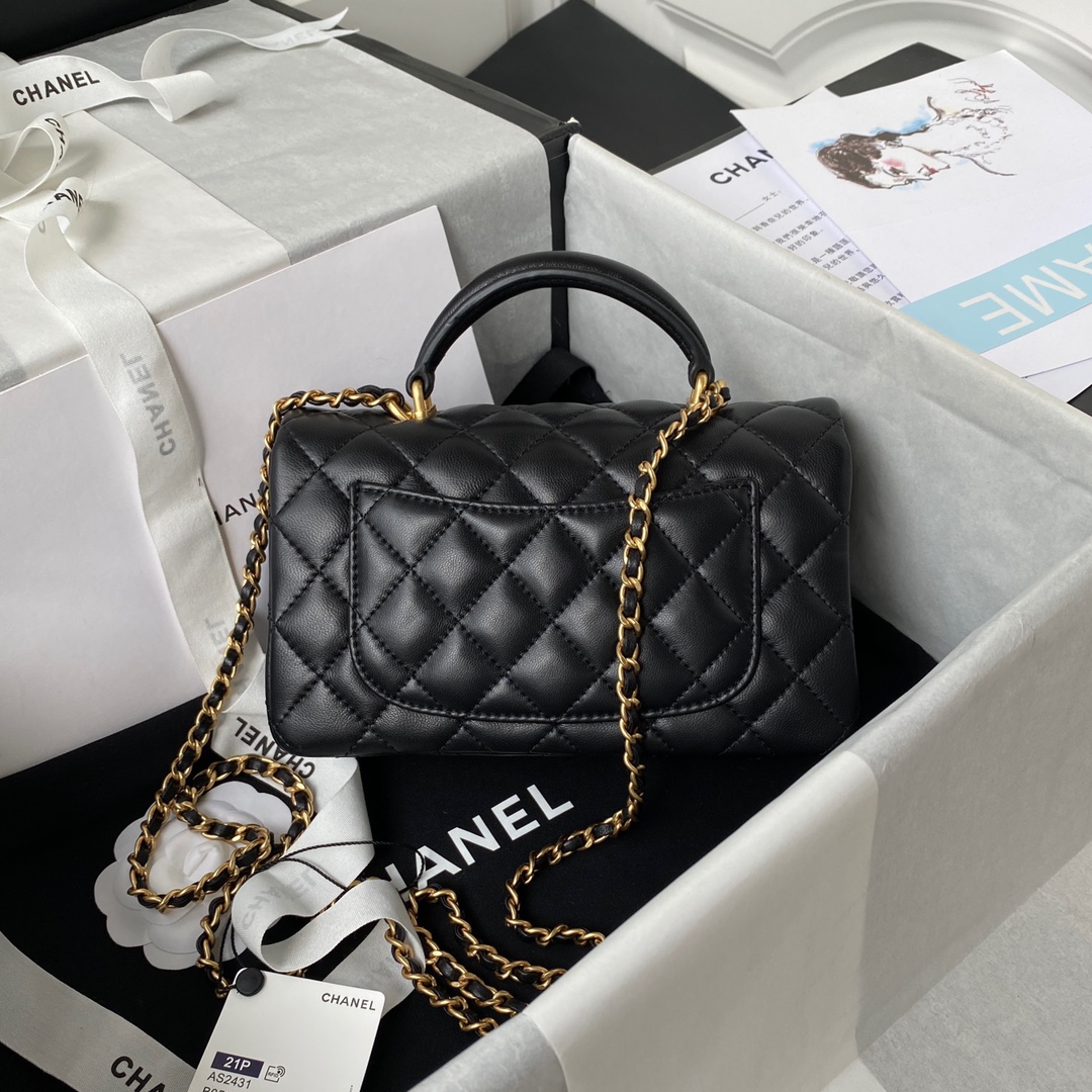 Chanel AS2431 Mini Flap Bag With Top Handle Lambskin Gold-Tone Metal Black-1