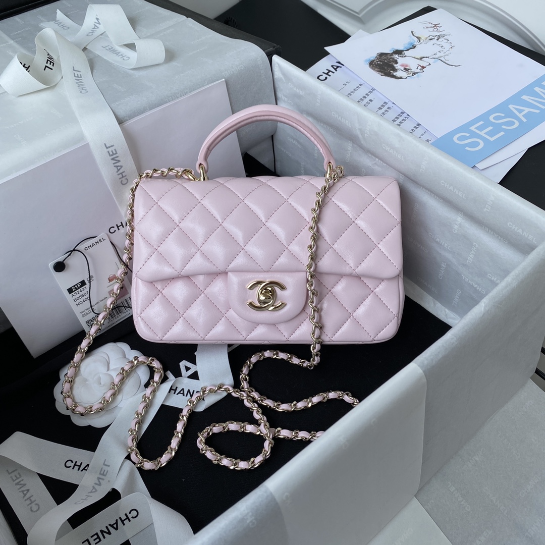 Chanel AS2431 Mini Flap Bag With Top Handle Lambskin Gold-Tone Metal Pink