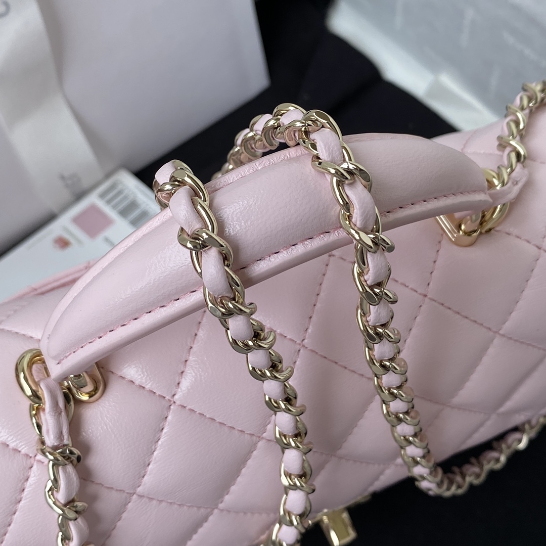 Chanel AS2431 Mini Flap Bag With Top Handle Lambskin Gold-Tone Metal Pink