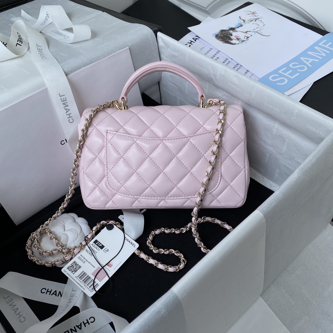 Chanel AS2431 Mini Flap Bag With Top Handle Lambskin Gold-Tone Metal Pink