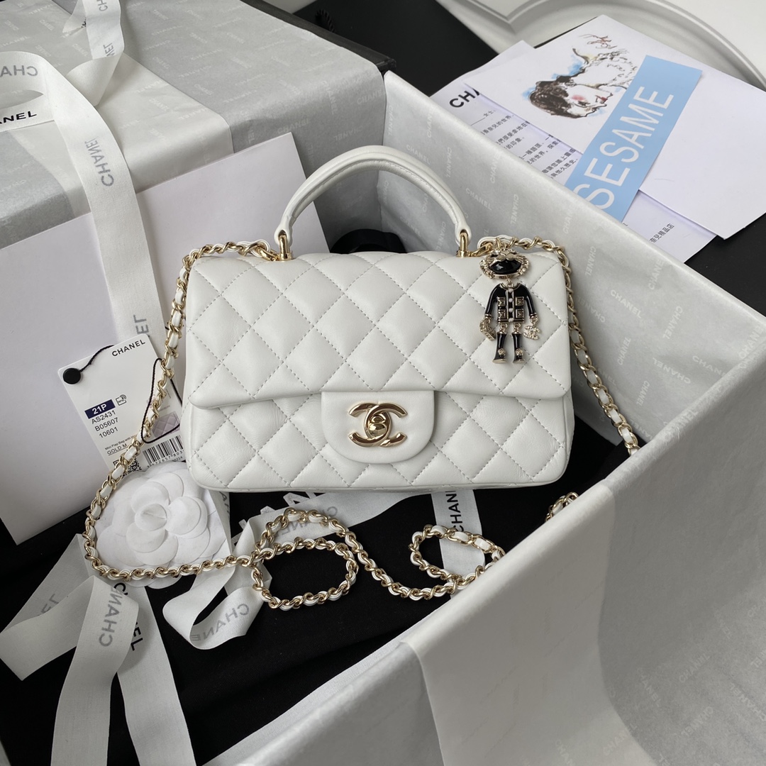 Chanel AS2431 Mini Flap Bag With Top Handle Lambskin Gold-Tone Metal White-1