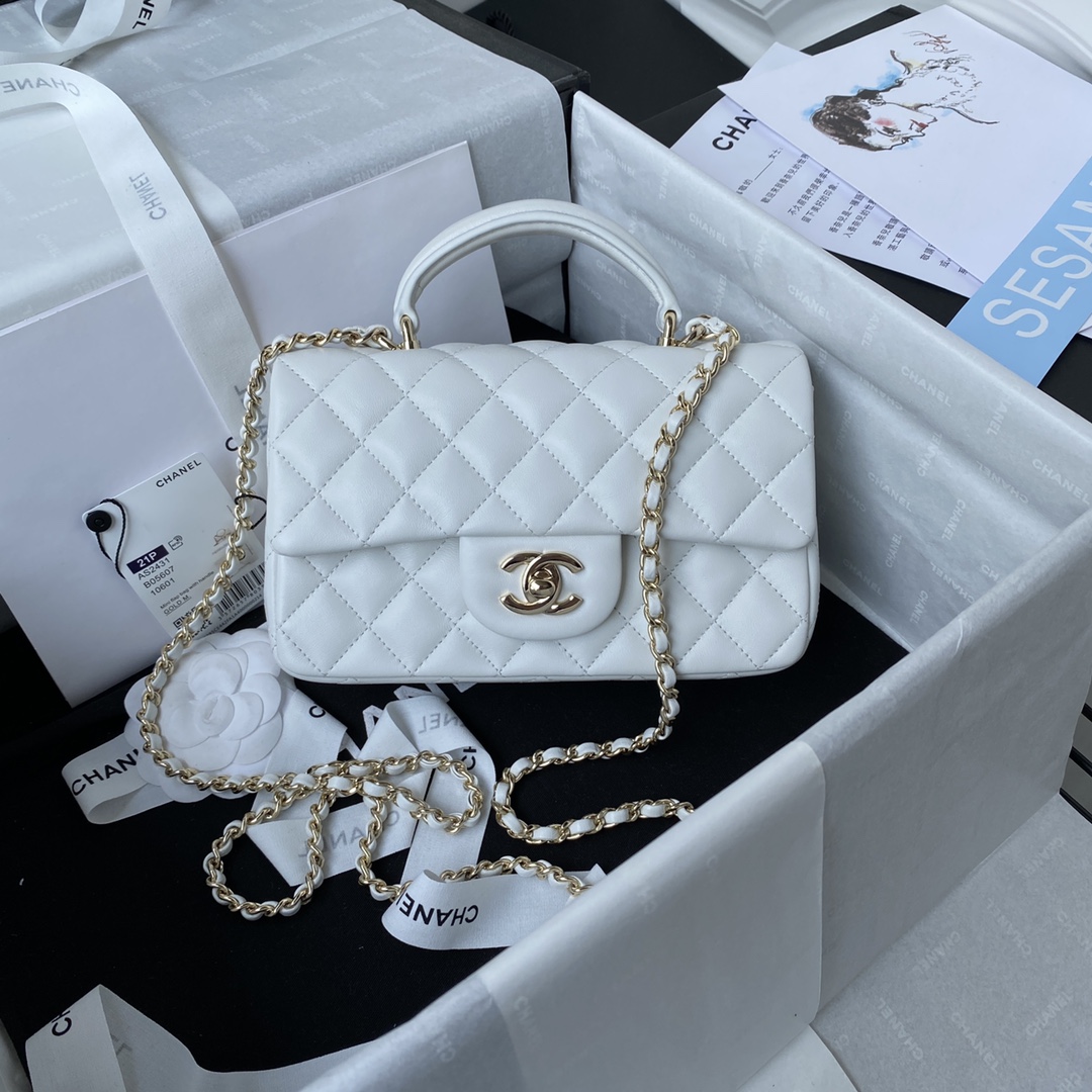 Chanel AS2431 Mini Flap Bag With Top Handle Lambskin Gold-Tone Metal White