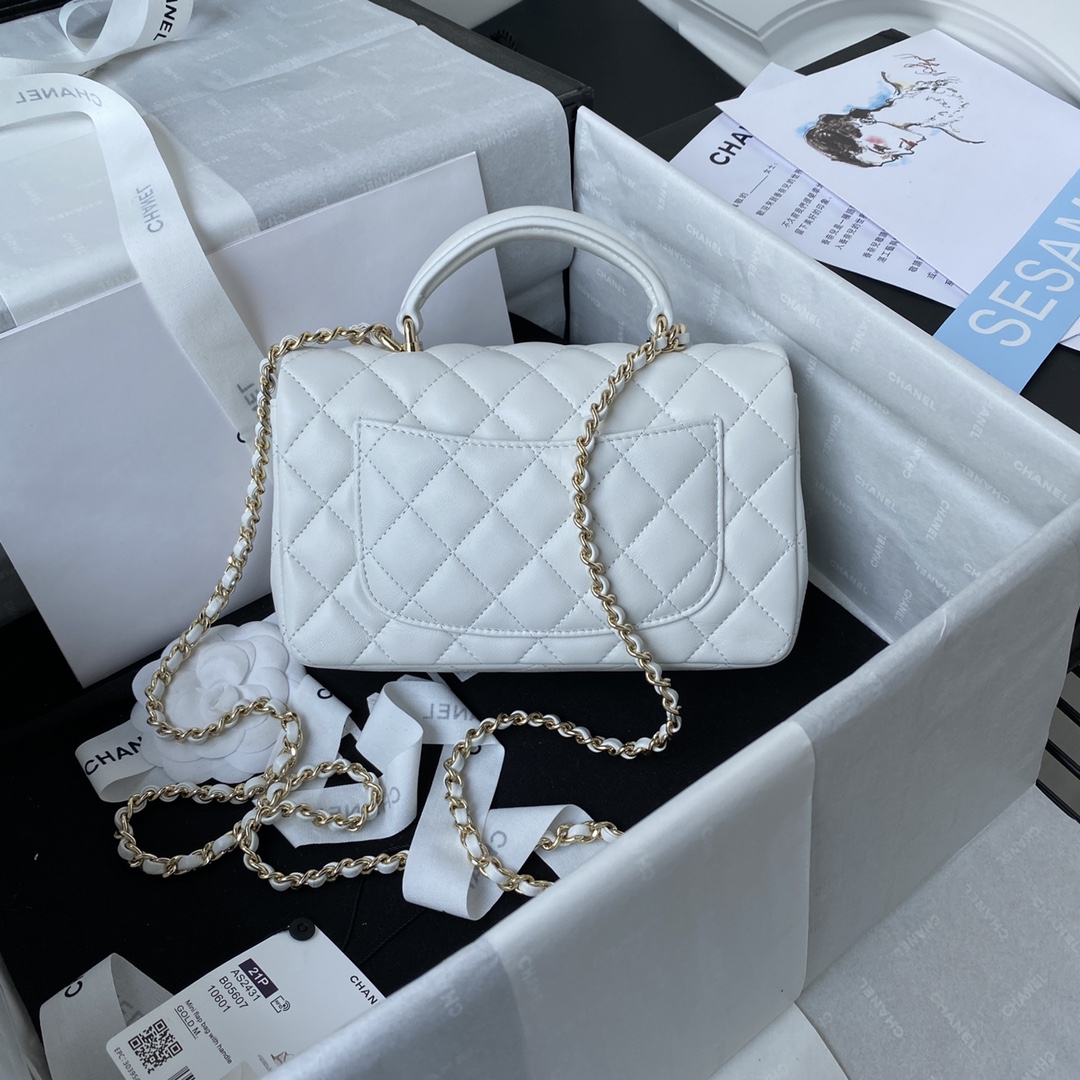 Chanel AS2431 Mini Flap Bag With Top Handle Lambskin Gold-Tone Metal White