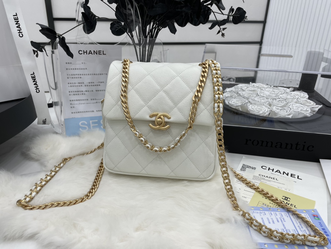 Chanel AS3108 Backpack Grained Calfskin Gold-Tone Metal White