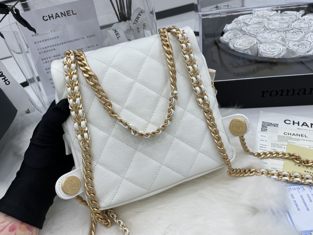 Chanel AS3108 Backpack Grained Calfskin Gold-Tone Metal White