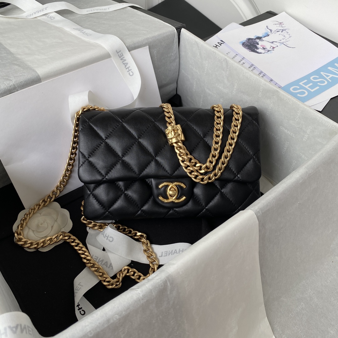 Chanel AS3393 Adjustable Gold Lock Gold Chain Black 22cm Flap Bag