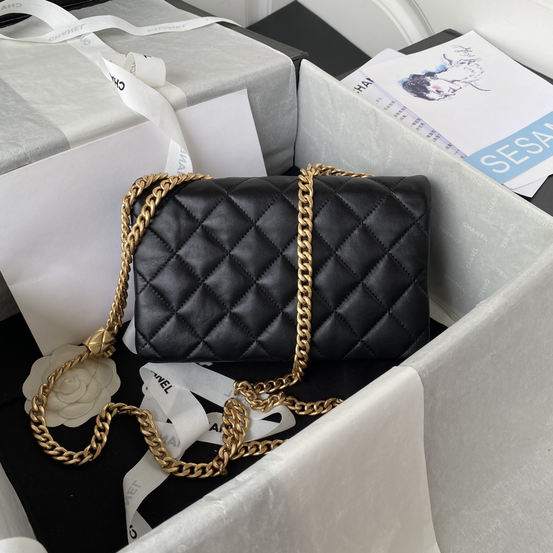 Chanel AS3393 Adjustable Gold Lock Gold Chain Black 22cm Flap Bag