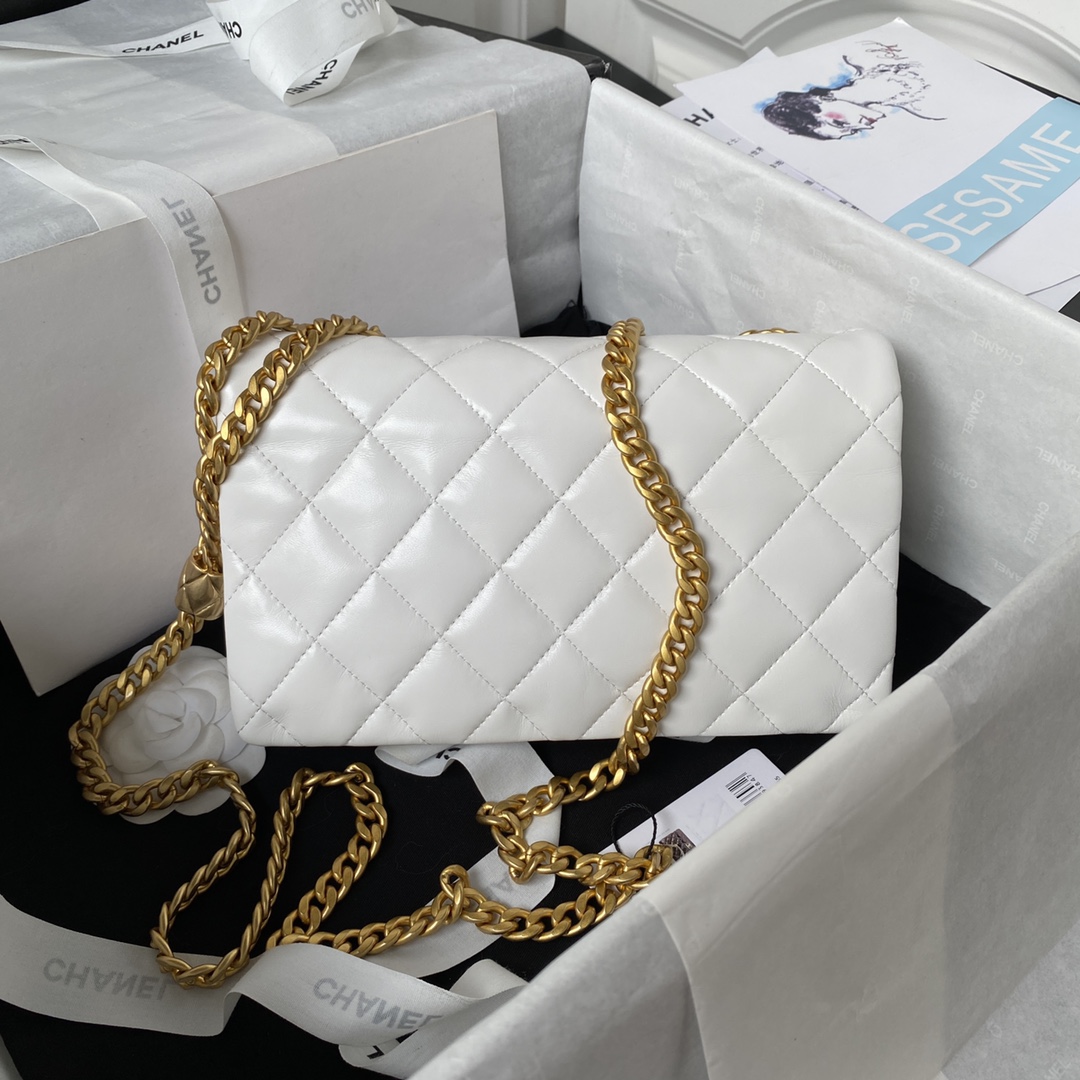 Chanel AS3393 Adjustable Gold Lock Gold Chain White 22cm Flap Bag