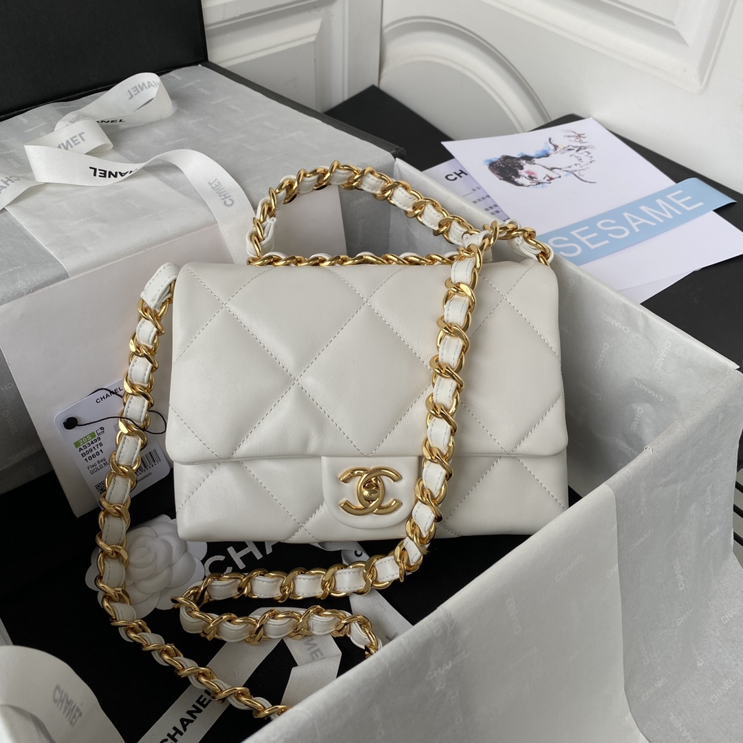 Chanel AS3499 Leather Chain Bag White