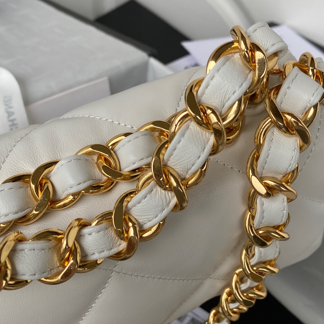 Chanel AS3499 Leather Chain Bag White