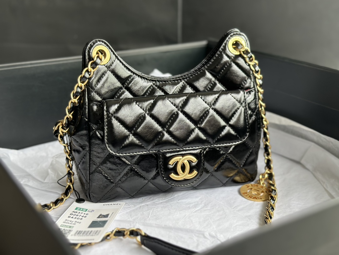 Chanel AS3710 Small HoBo Bag Shiny Crumpled Calfskin Gold-Tone Metal Black