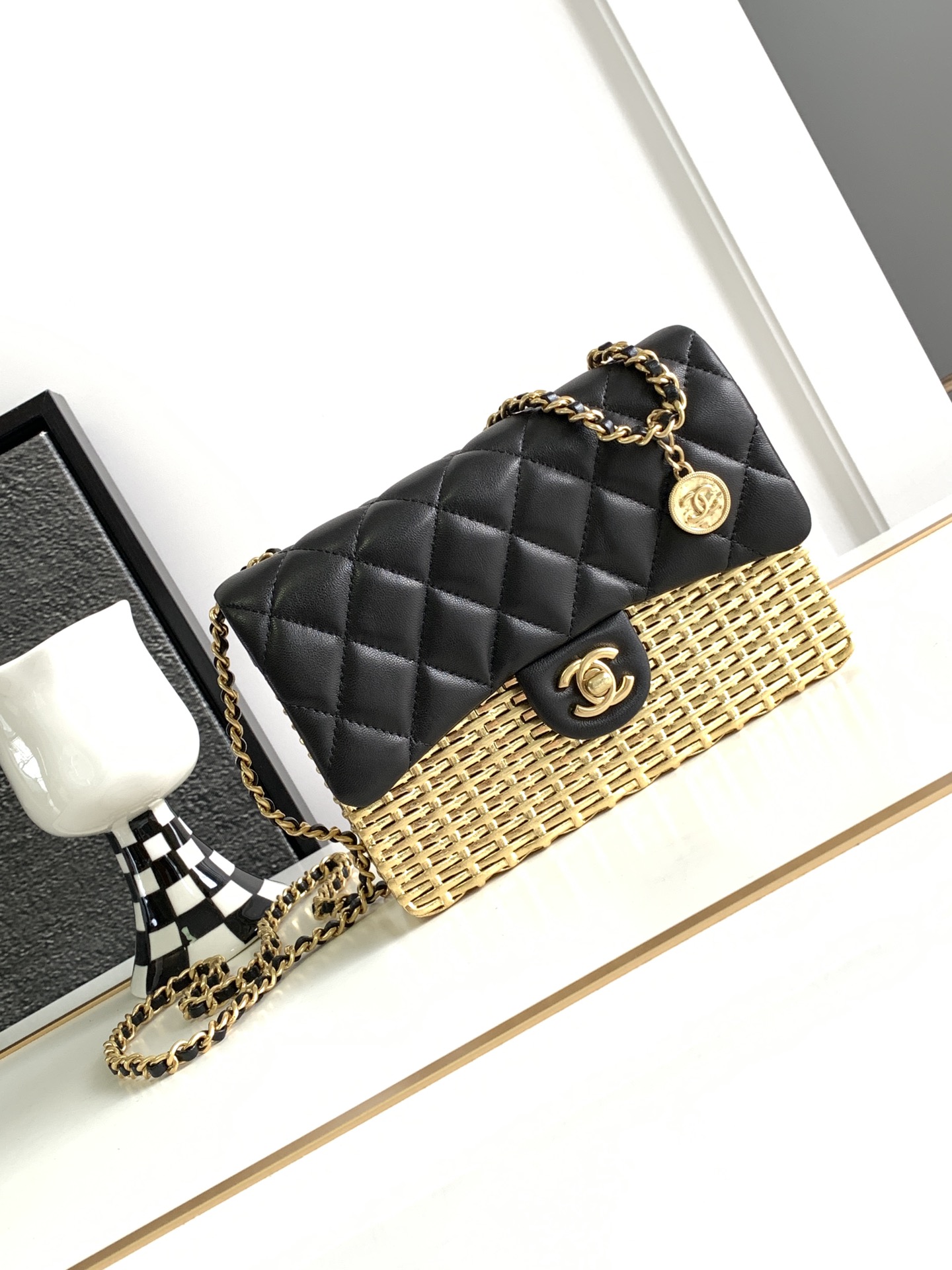 Chanel AS3713 Small Evening Bag in Lambskin Gold Metal Black Gold