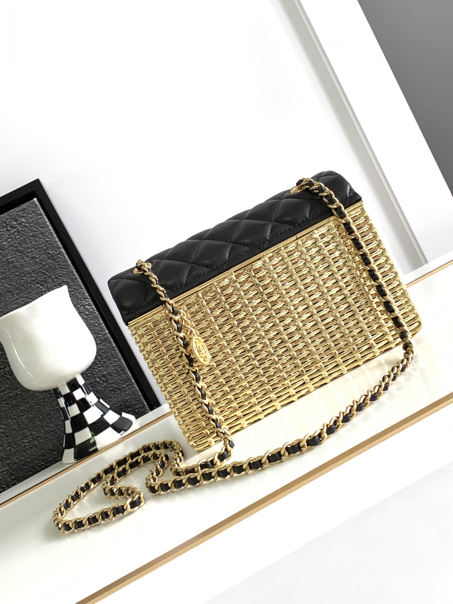 Chanel AS3713 Small Evening Bag in Lambskin Gold Metal Black Gold