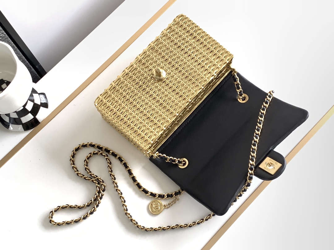 Chanel AS3713 Small Evening Bag in Lambskin Gold Metal Black Gold