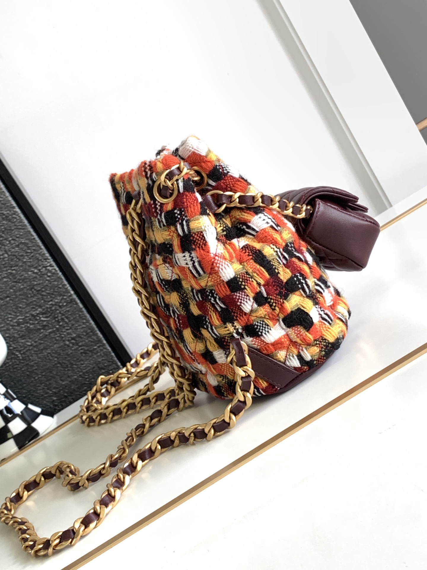 Chanel AS3947 Small Backpack Wool Tweed Lambski with Gold-Tone Metal Orange-Black-White - Multicolor