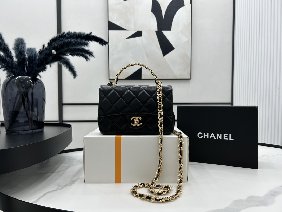 Chanel AS4023 Small Flap Bag With Top Handle Shiny Lambskin Gold-Tone Metal Black