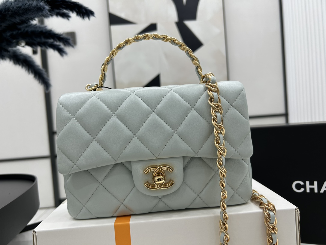 Chanel AS4023 Small Flap Bag With Top Handle Shiny Lambskin Gold-Tone Metal Blue