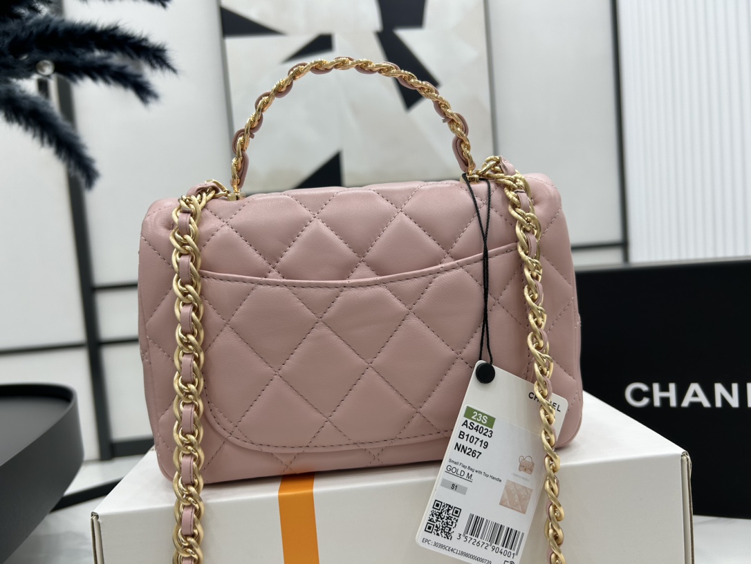 Chanel AS4023 Small Flap Bag With Top Handle Shiny Lambskin Gold-Tone Metal Pink