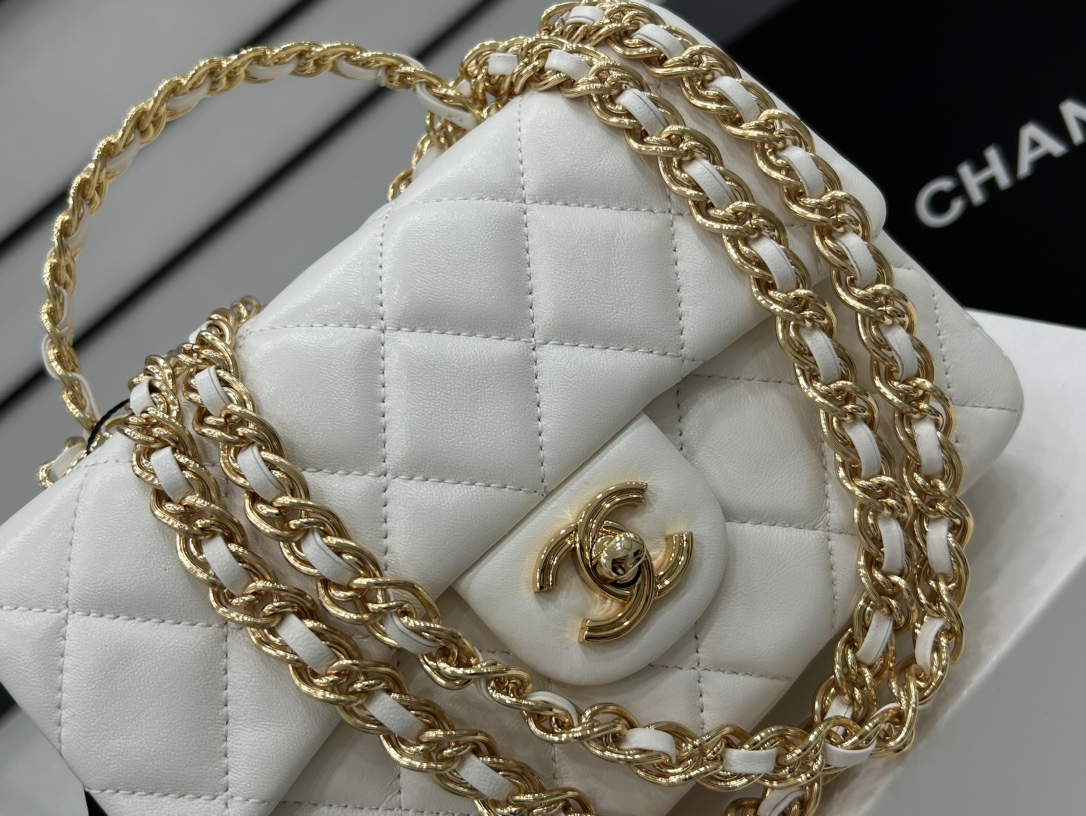 Chanel AS4023 Small Flap Bag With Top Handle Shiny Lambskin Gold-Tone Metal White