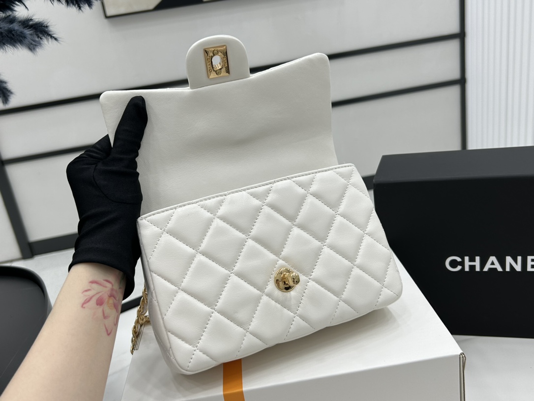 Chanel AS4023 Small Flap Bag With Top Handle Shiny Lambskin Gold-Tone Metal White