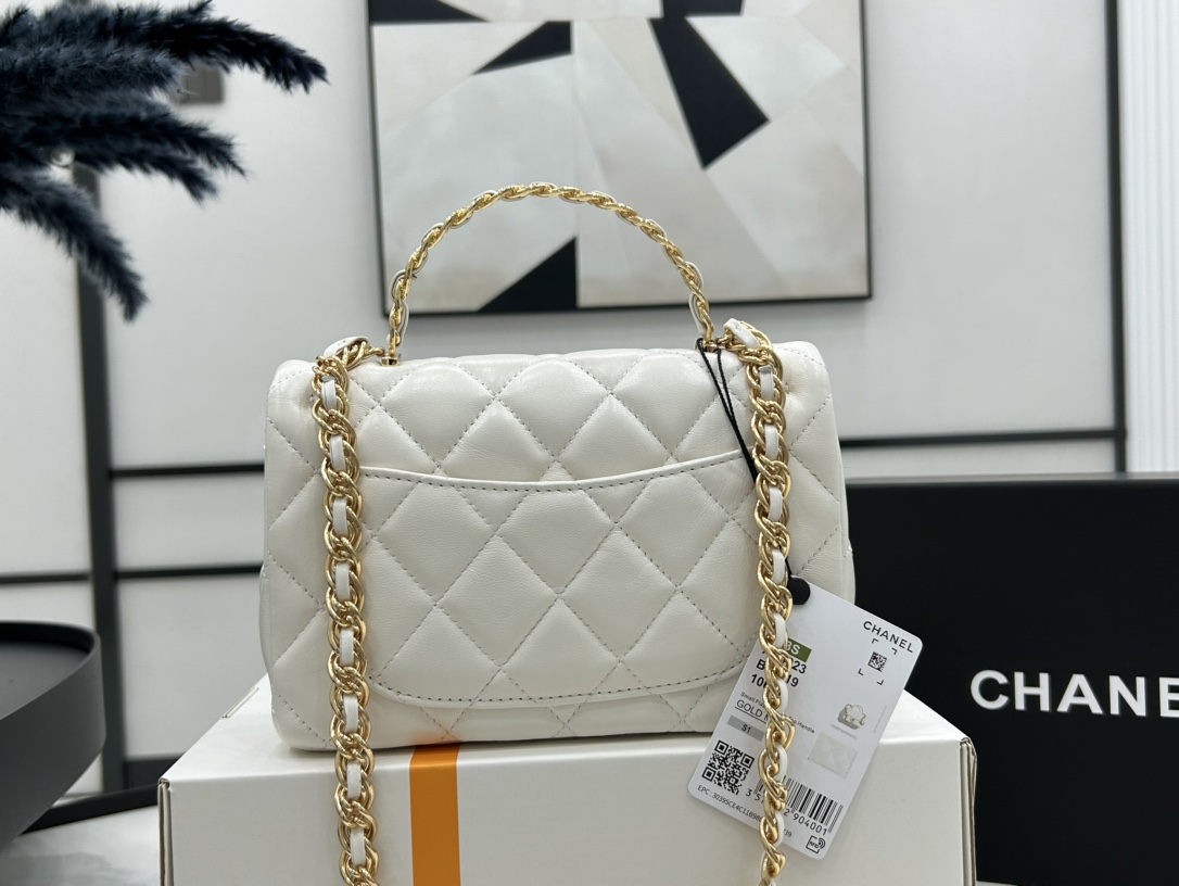 Chanel AS4023 Small Flap Bag With Top Handle Shiny Lambskin Gold-Tone Metal White