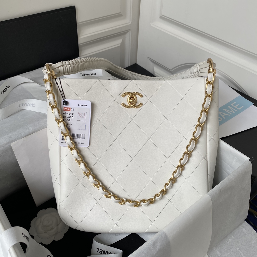 Chanel AS4210 Hobo Bag Calfskin White with Gold