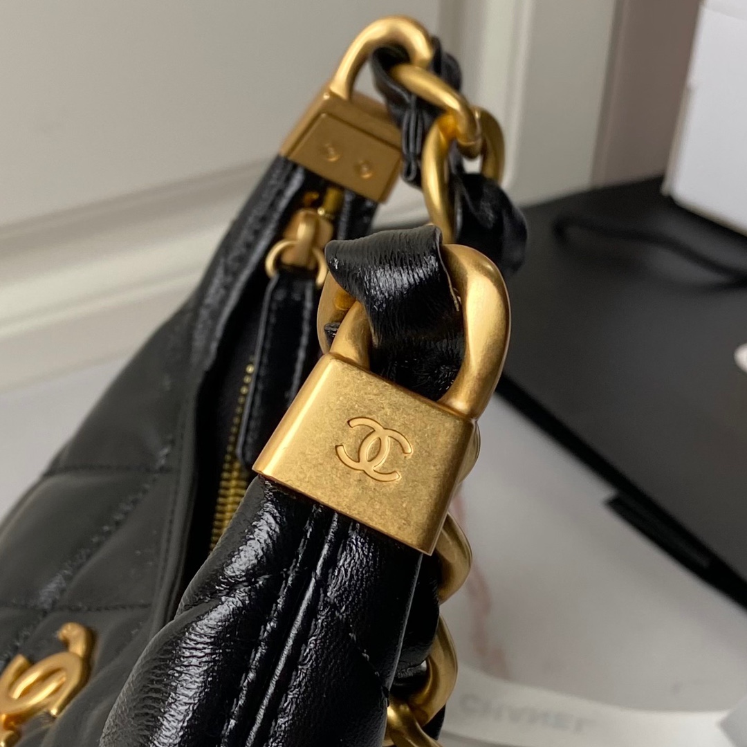 Chanel AS4922  Small Hobo Bag Shiny lambskin  Gold Tone Metal Black