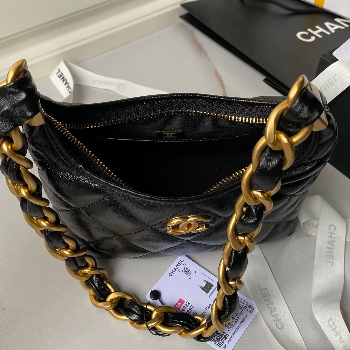 Chanel AS4922  Small Hobo Bag Shiny lambskin  Gold Tone Metal Black