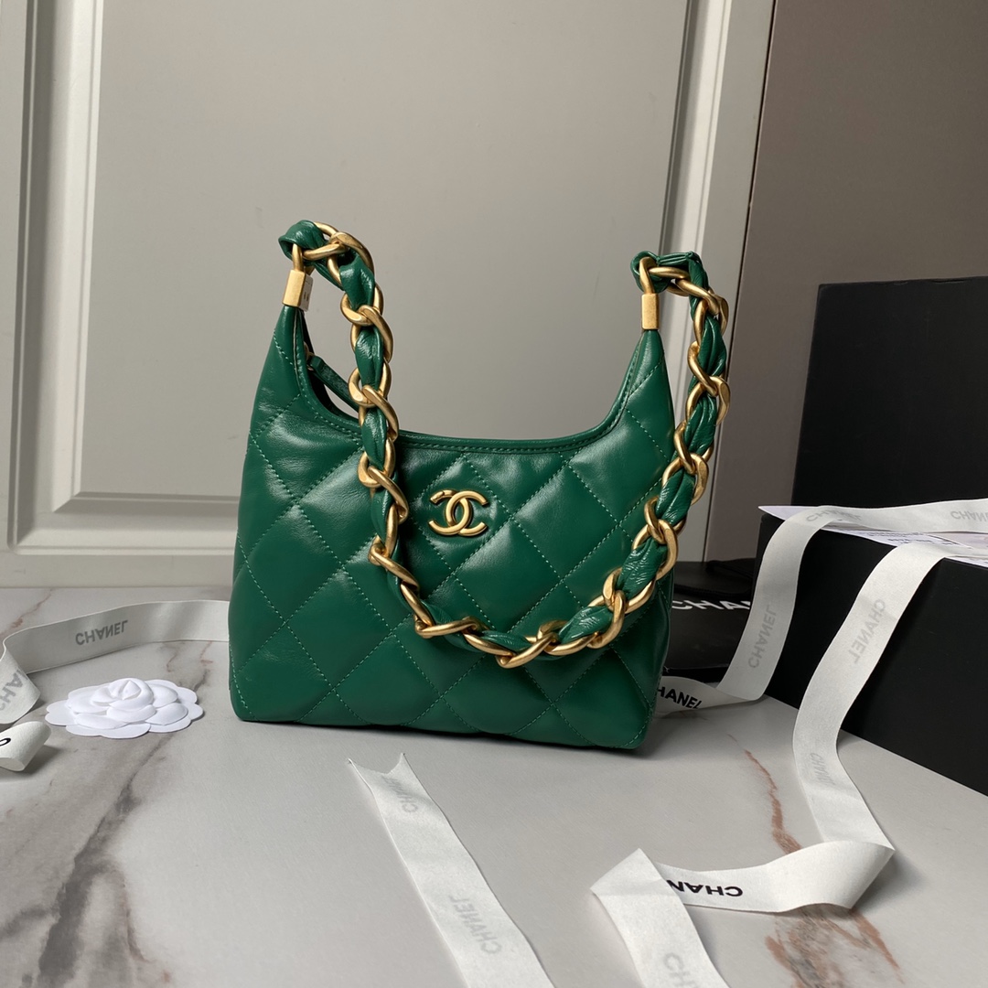 Chanel AS4922  Small Hobo Bag Shiny lambskin  Gold Tone Metal Green