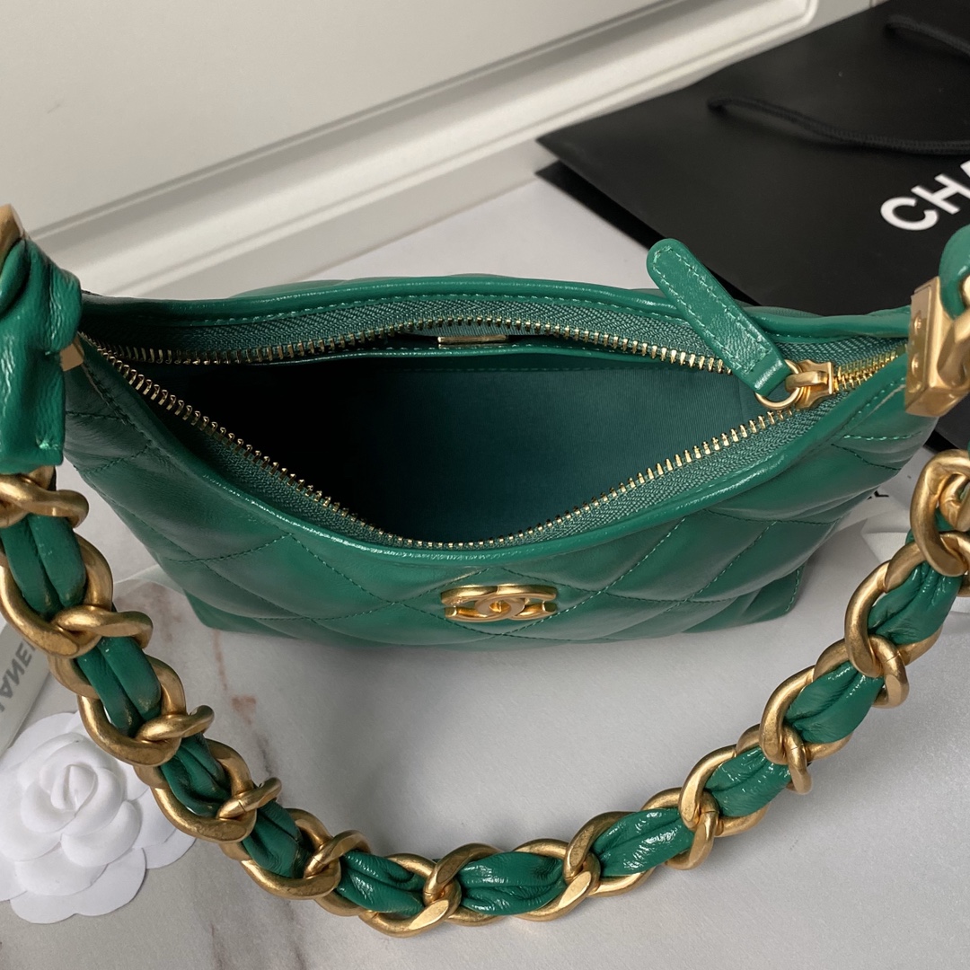 Chanel AS4922  Small Hobo Bag Shiny lambskin  Gold Tone Metal Green