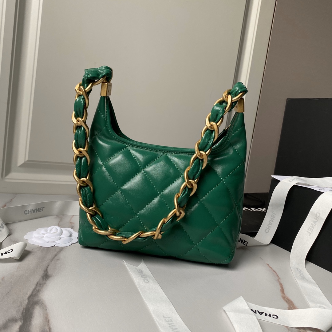 Chanel AS4922  Small Hobo Bag Shiny lambskin  Gold Tone Metal Green