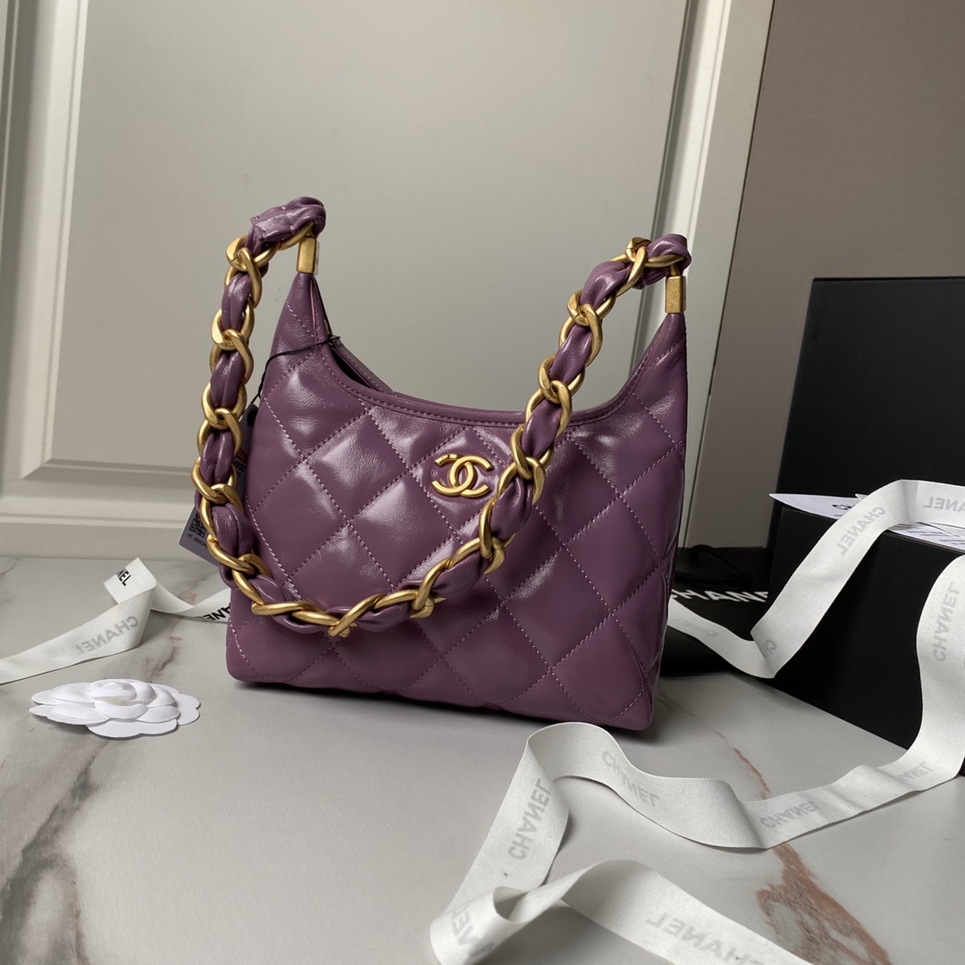 Chanel AS4922  Small Hobo Bag Shiny lambskin  Gold Tone Metal Purple