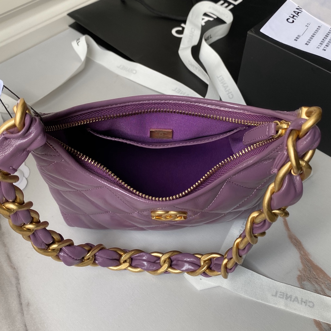 Chanel AS4922  Small Hobo Bag Shiny lambskin  Gold Tone Metal Purple