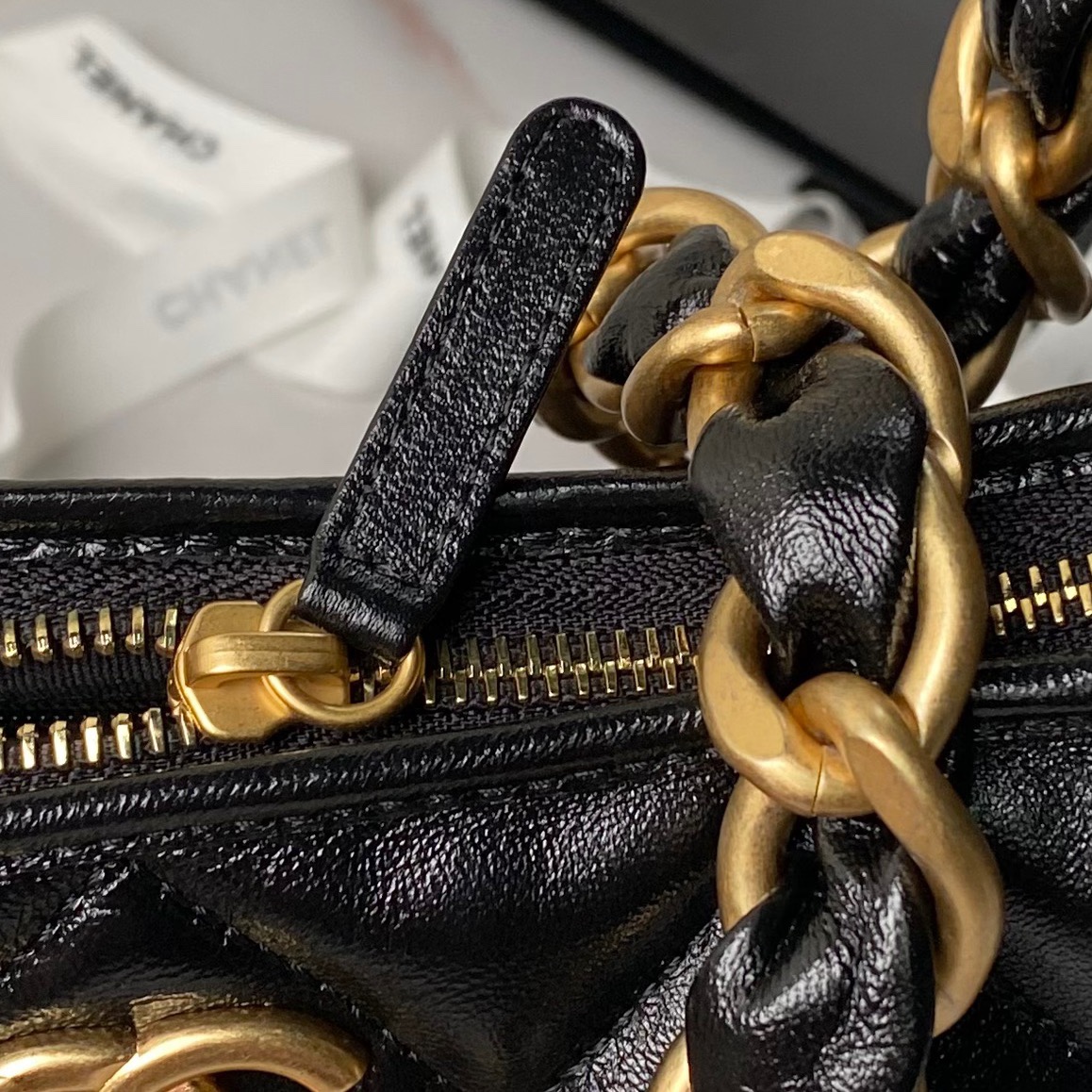 Chanel AS4923 Max Hobo Bag Shiny lambskin  Gold Tone Metal Black