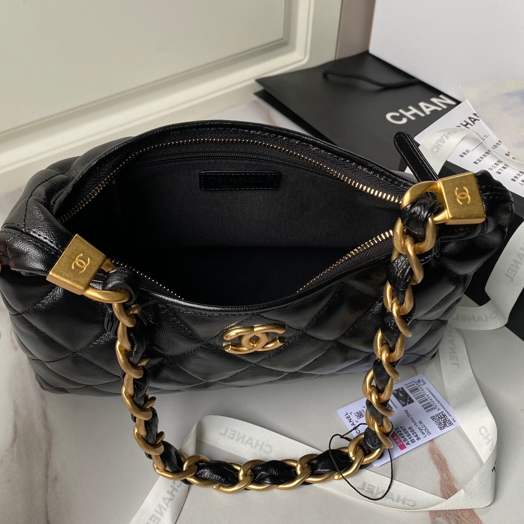 Chanel AS4923 Max Hobo Bag Shiny lambskin  Gold Tone Metal Black