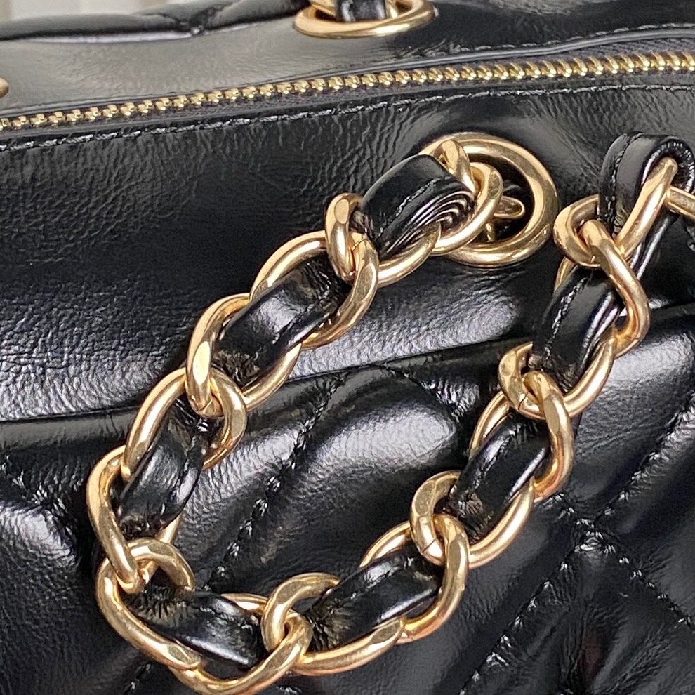 Chanel AS4933 Bowling Bag Shiny Crumpled Lambskin Gold-Tone Metal Black