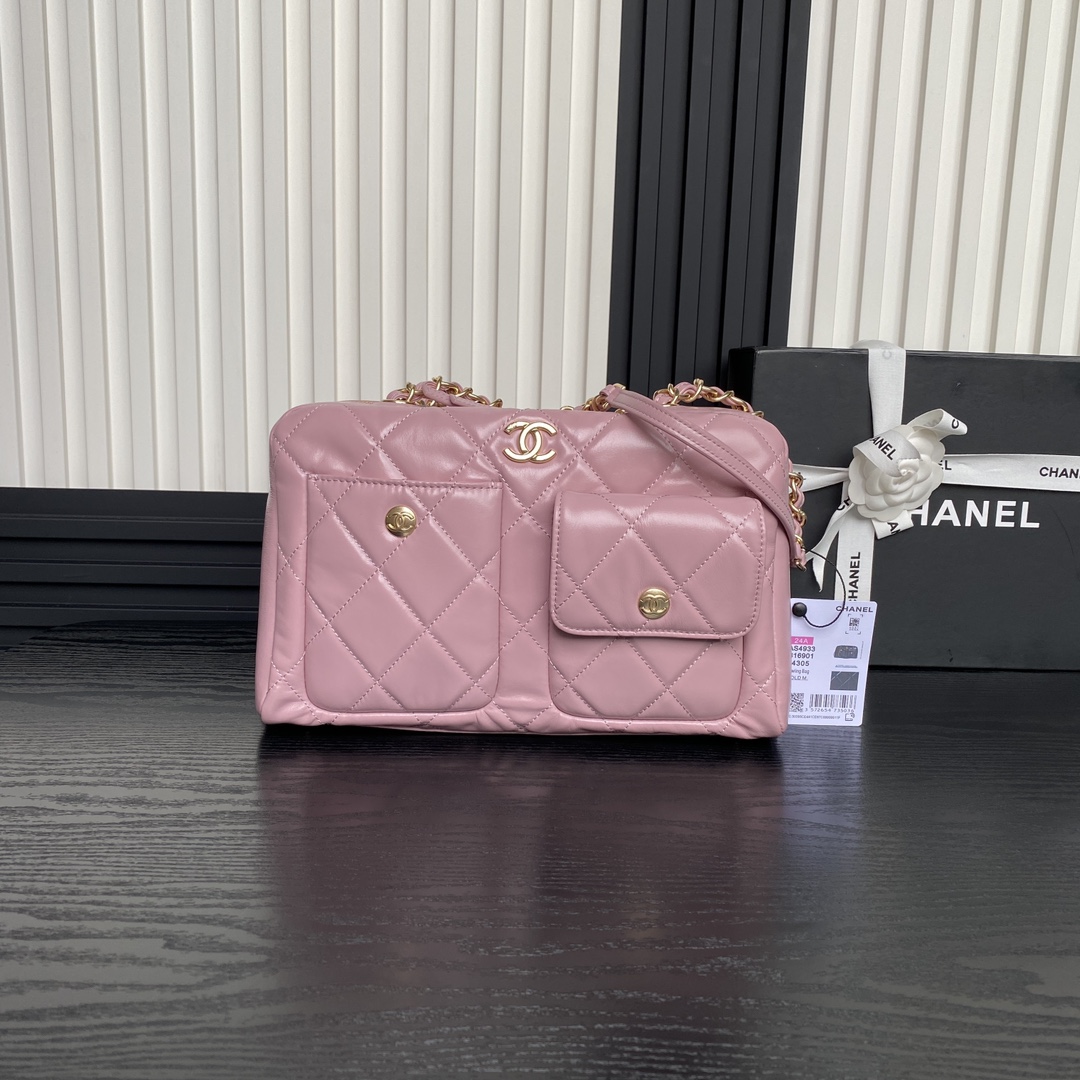 Chanel AS4933 Bowling Bag Shiny Crumpled Lambskin Gold-Tone Metal Pink