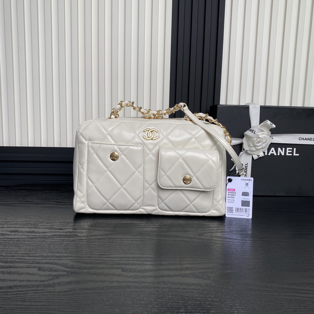 Chanel AS4933 Bowling Bag Shiny Crumpled Lambskin Gold-Tone Metal White