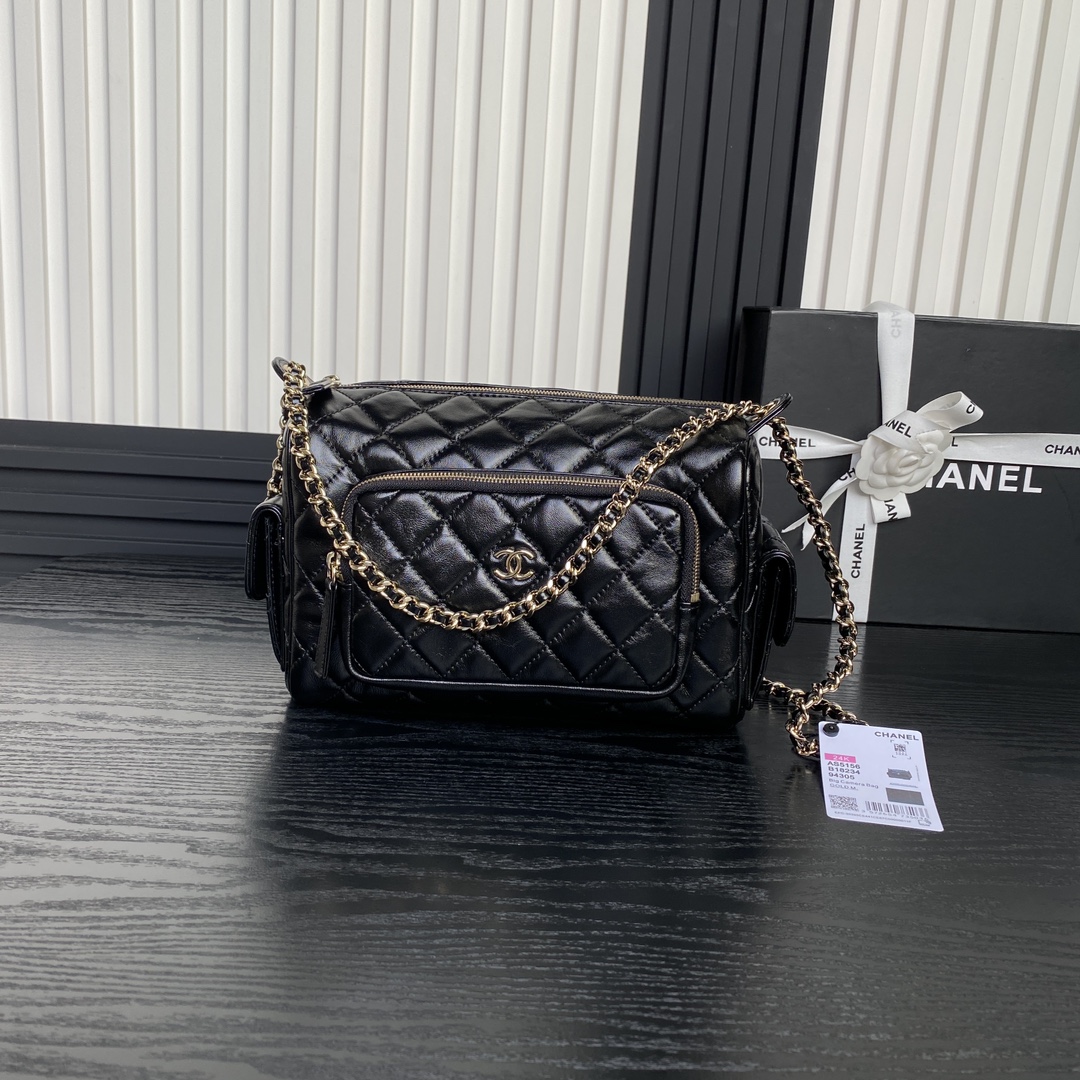 Chanel AS5156 Camera Case Shiny Crumpled Lambskin Gold-Tone Metal Black