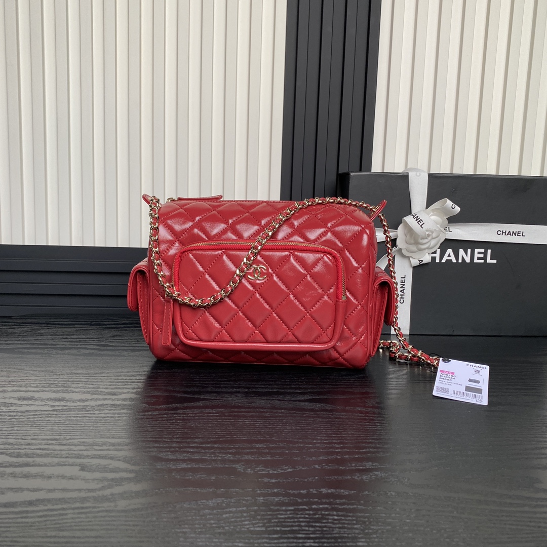 Chanel AS5156 Camera Case Shiny Crumpled Lambskin Gold-Tone Metal Red