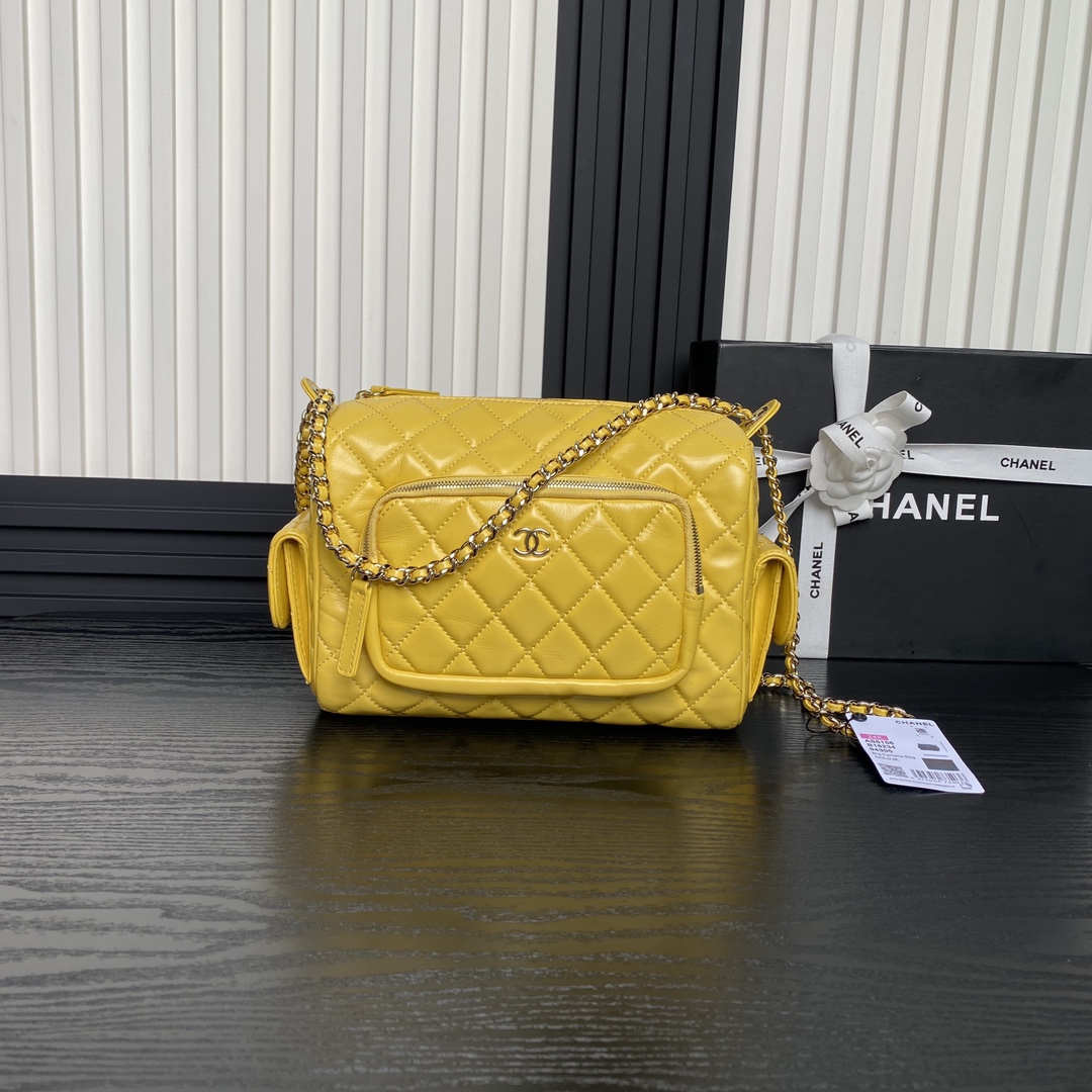 Chanel AS5156 Camera Case Shiny Crumpled Lambskin Gold-Tone Metal Yellow