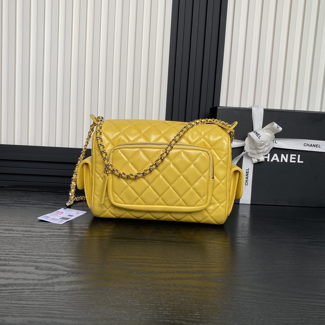 Chanel AS5156 Camera Case Shiny Crumpled Lambskin Gold-Tone Metal Yellow