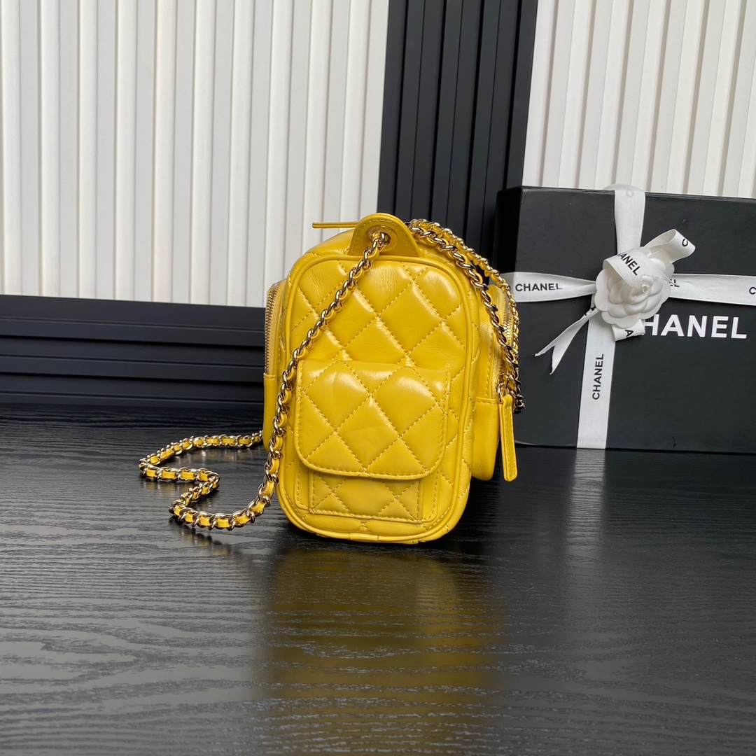 Chanel AS5156 Camera Case Shiny Crumpled Lambskin Gold-Tone Metal Yellow