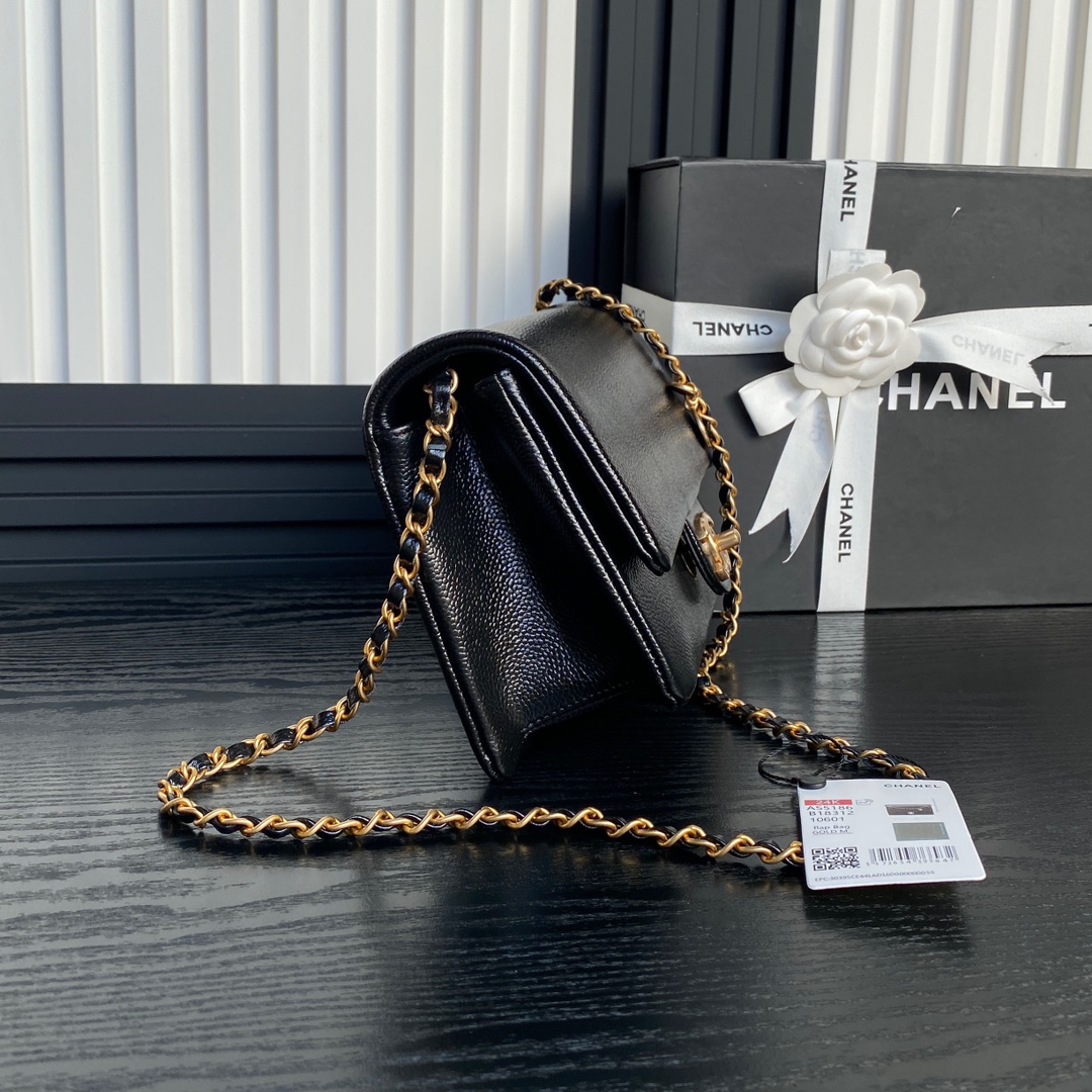 Chanel AS5180 Small Flap Bag Grained Shiny Calfskin Gold-Tone Metal Black