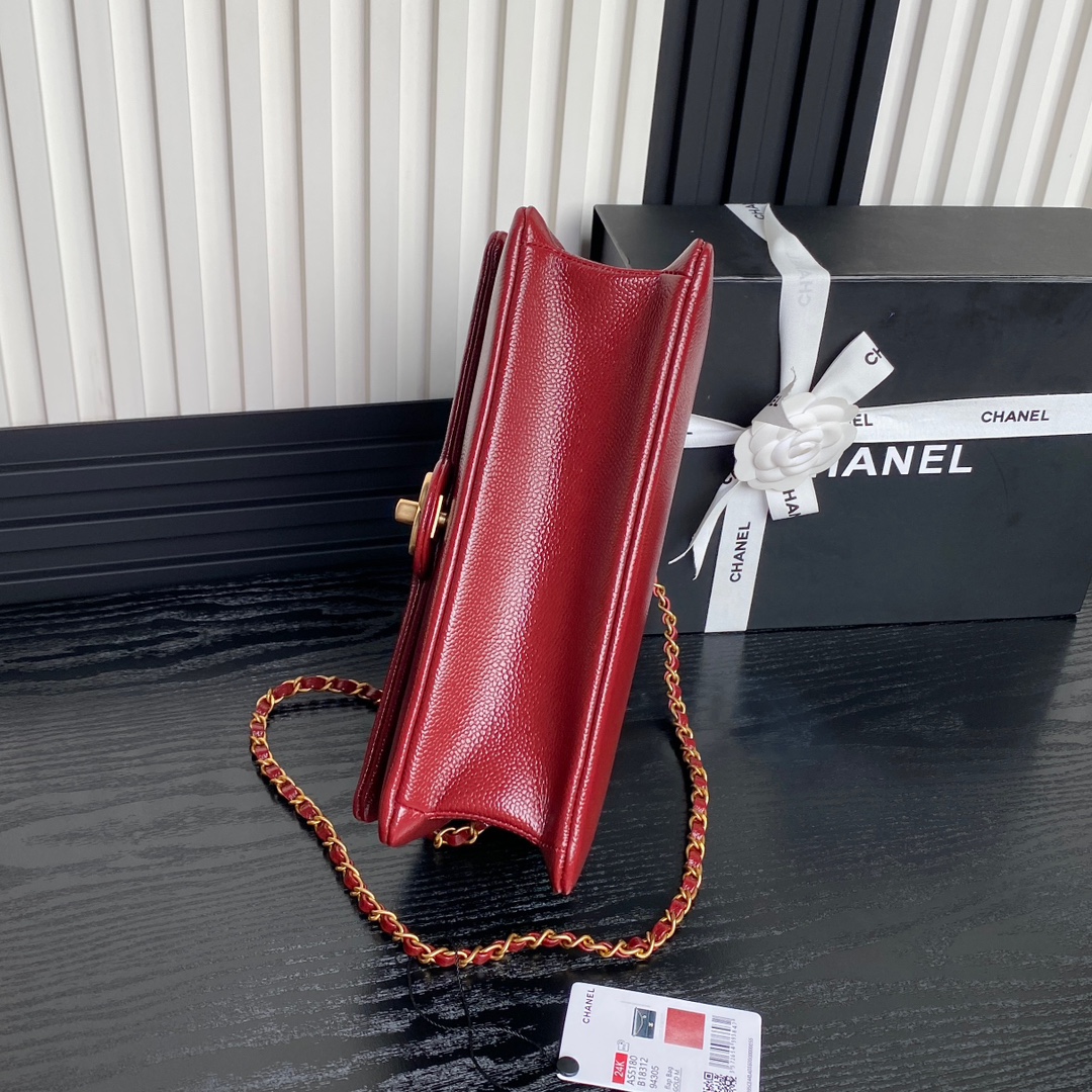 Chanel AS5180 Small Flap Bag Grained Shiny Calfskin Gold-Tone Metal Red