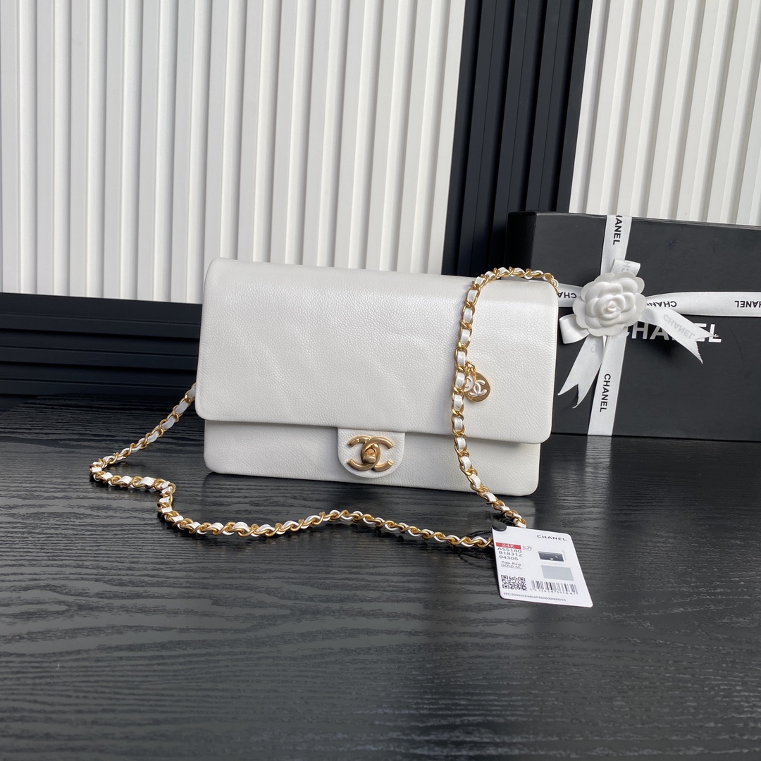 Chanel AS5180 Small Flap Bag Grained Shiny Calfskin Gold-Tone Metal White