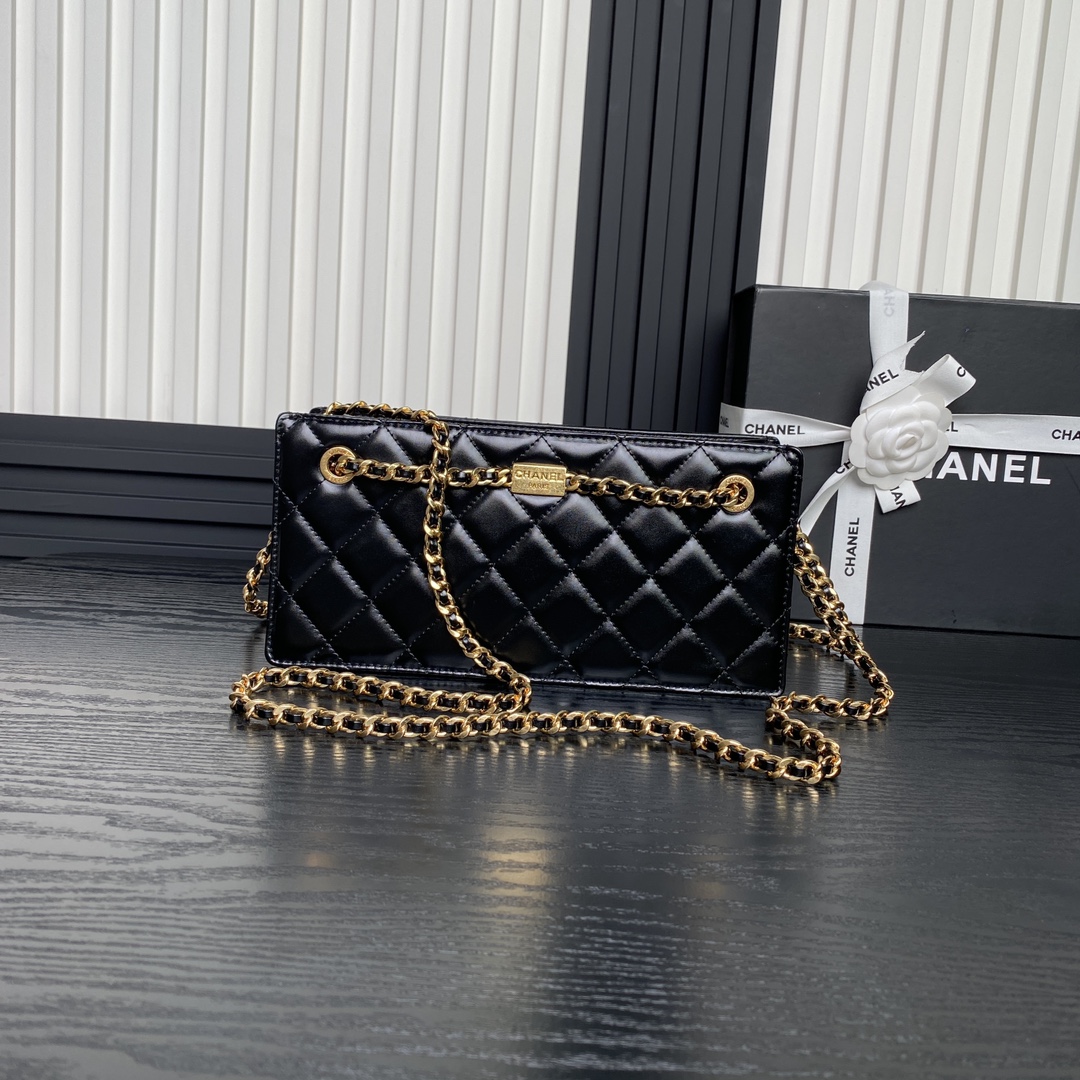 Chanel AS5203 Clutch Shiny Lambskin Gold-Tone Metal Black