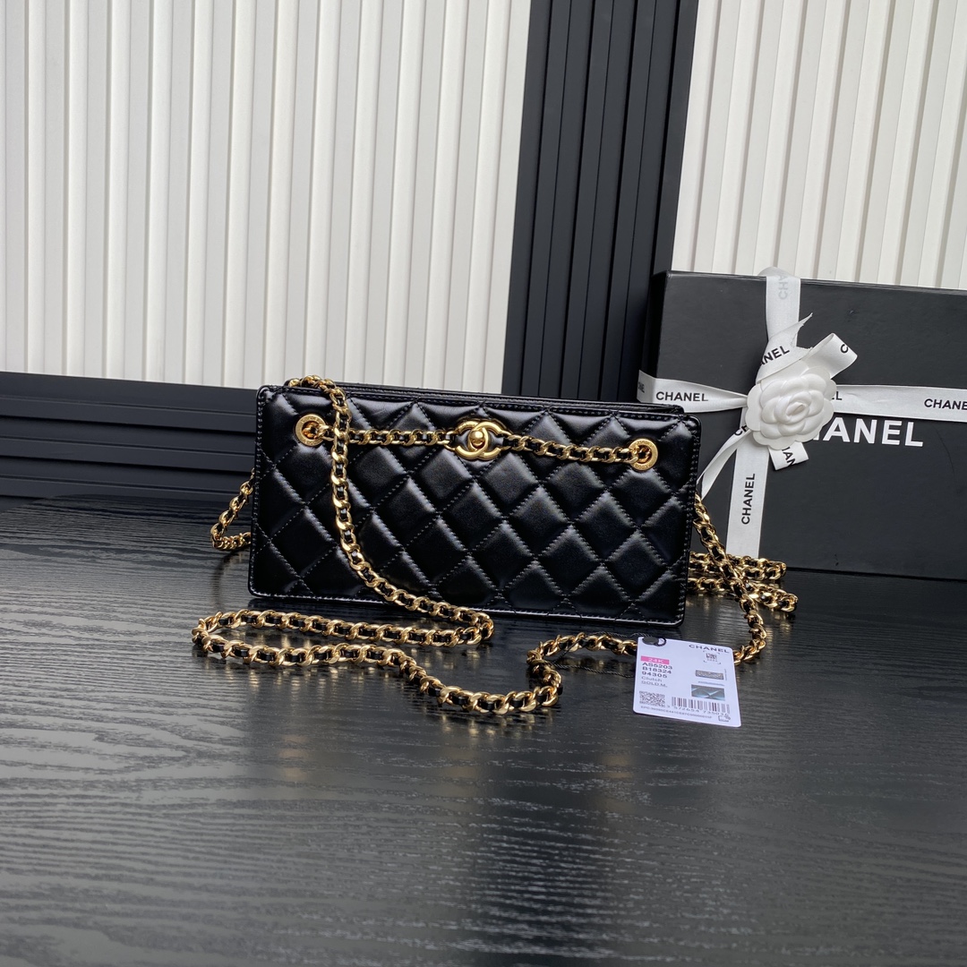 Chanel AS5203 Clutch Shiny Lambskin Gold-Tone Metal Black