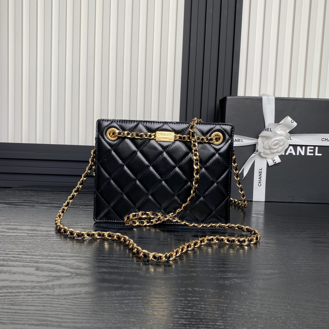 Chanel AS5204 Small Shopping Bag Shiny Lambskin Gold-Tone Metal Black