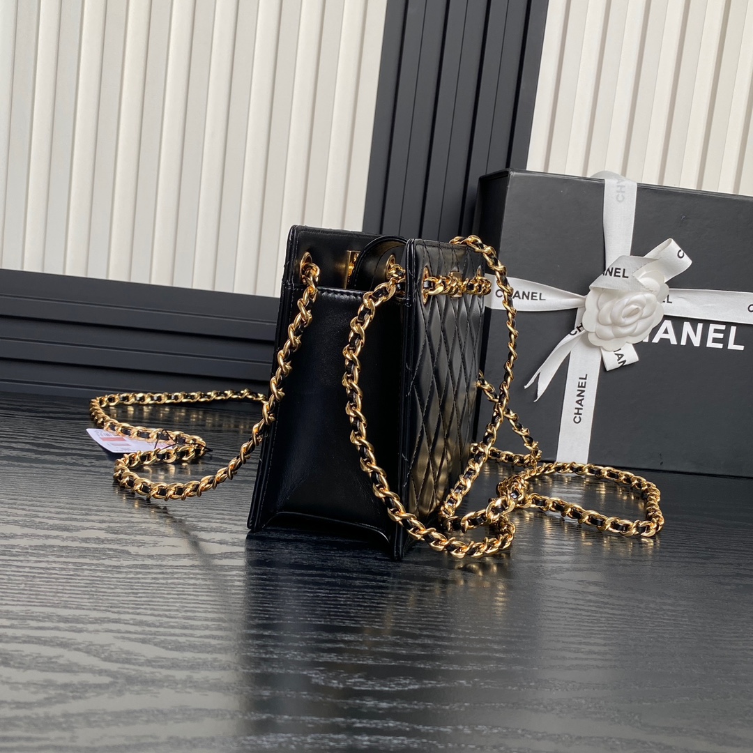 Chanel AS5204 Small Shopping Bag Shiny Lambskin Gold-Tone Metal Black